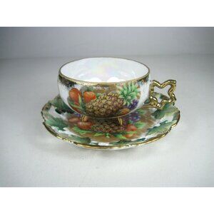 Royal Sealy Japan Lusterware 3 Footed Tea Cup and Saucer Set Pineapple Vintage